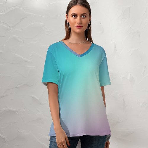 yanfind V Neck T-shirt for Women Gradients Colorful Summer Top  Short Sleeve Casual Loose