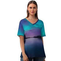 yanfind V Neck T-shirt for Women Dominic Kamp Bannalpsee Switzerland Aurora Borealis Starry Sky Landscape Mountains Silhouette Astronomy Summer Top  Short Sleeve Casual Loose
