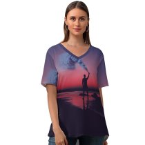 yanfind V Neck T-shirt for Women Aziz Acharki Silhouette Seashore Sky Can Sunset Evening Sky Summer Top  Short Sleeve Casual Loose