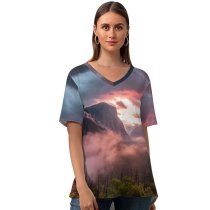 yanfind V Neck T-shirt for Women Todd Scarbrough Yosemite National Park Valley Misty Morning Summer Top  Short Sleeve Casual Loose