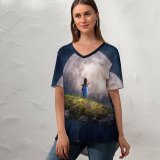 yanfind V Neck T-shirt for Women Thiago Garcia Fantasy Cute Girl Adorable Moon Surreal Alone Summer Top  Short Sleeve Casual Loose