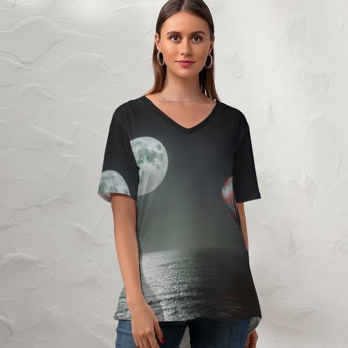 yanfind V Neck T-shirt for Women Fantasy Black Dark Hot Air Balloon Night Moon Dark Sea Stars Summer Top  Short Sleeve Casual Loose