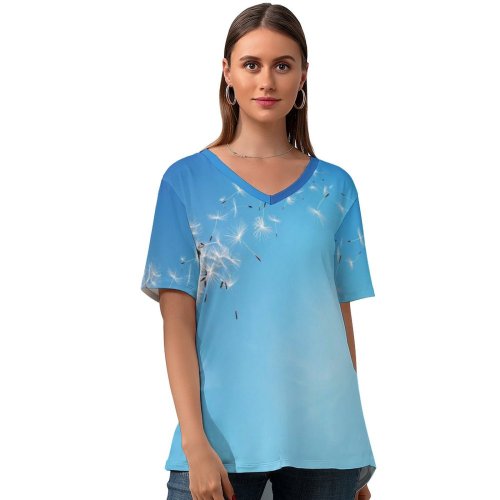 yanfind V Neck T-shirt for Women Flowers Dandelion Flower Dragonflies Sky Insects Sky Summer Top  Short Sleeve Casual Loose