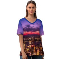 yanfind V Neck T-shirt for Women Henrik Pfitzenmaier York City Twilight Sunset Cityscape City Lights Summer Top  Short Sleeve Casual Loose