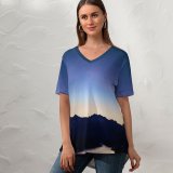 yanfind V Neck T-shirt for Women Jordan Steranka Hidden Lake Mountains Silhouette Sunset Crescent Moon Clear Sky Dark Summer Top  Short Sleeve Casual Loose