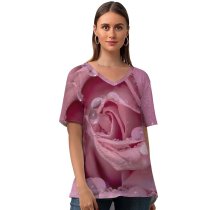yanfind V Neck T-shirt for Women Flowers Rose Droplets Closeup Bloom Baby Blossom Summer Top  Short Sleeve Casual Loose