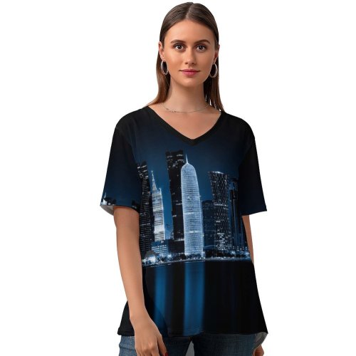 yanfind V Neck T-shirt for Women GoMustang Black Dark Doha Qatar Night Cityscape City Lights Reflections Dark Summer Top  Short Sleeve Casual Loose