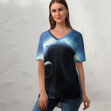 yanfind V Neck T-shirt for Women Comfreak Space Earth Planets Stars Dark Sun Light Astronomy Summer Top  Short Sleeve Casual Loose