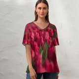 yanfind V Neck T-shirt for Women Reynaldo Brigantty Flowers Tulips Field Blossom Bloom Spring Colorful Floral Bokeh Selective Summer Top  Short Sleeve Casual Loose