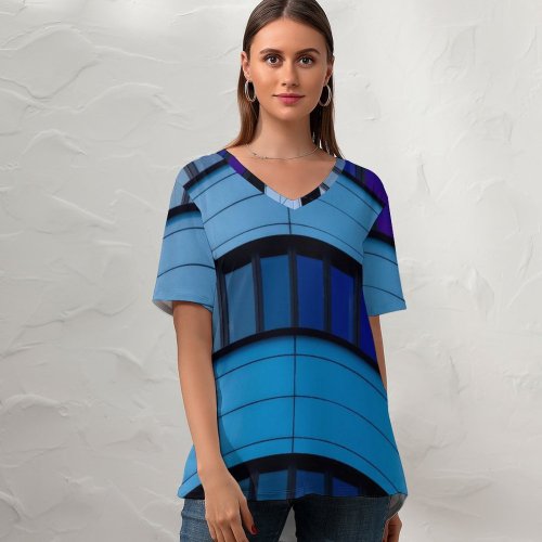 yanfind V Neck T-shirt for Women Rob Oo Architecture Rijn Tower Arnhem Netherlands Curve Patterns Glass Building Purple Summer Top  Short Sleeve Casual Loose