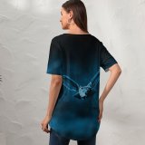 yanfind V Neck T-shirt for Women Comfreak Black Dark Owl Dark Moonlight Forest Bokeh Flying Summer Top  Short Sleeve Casual Loose