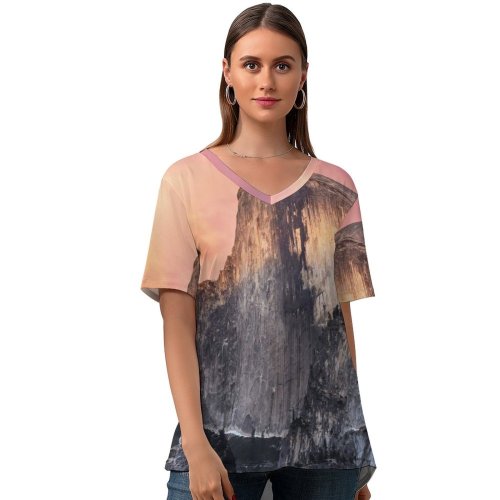 yanfind V Neck T-shirt for Women OS X Yosemite El Capitan Summit National Park Valley Evening Peak California Summer Top  Short Sleeve Casual Loose