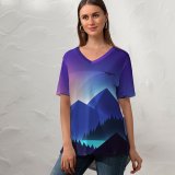 yanfind V Neck T-shirt for Women Mountains Flight Night Sunset Gradient Summer Top  Short Sleeve Casual Loose