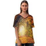yanfind V Neck T-shirt for Women Johannes Plenio Forest Road Maple Trees Autumn Fall Light Summer Top  Short Sleeve Casual Loose