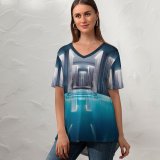 yanfind V Neck T-shirt for Women Otto Berkeley Pool Spa Reflections Peaceful Calm Summer Top  Short Sleeve Casual Loose