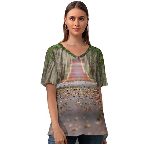 yanfind V Neck T-shirt for Women Fall Trees Road Tarmac Woods Foliage Summer Top  Short Sleeve Casual Loose