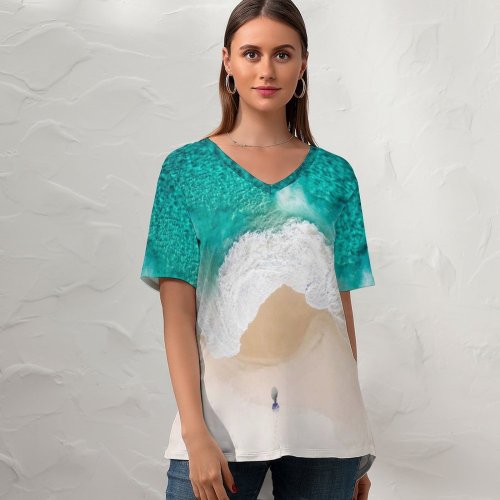 yanfind V Neck T-shirt for Women Beach Aerial Ocean IOS Summer Top  Short Sleeve Casual Loose
