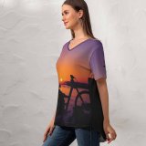 yanfind V Neck T-shirt for Women Aziz Acharki Sunset Silhouette Hoodie Evening Dusk Twilight Horizon Alone Summer Top  Short Sleeve Casual Loose