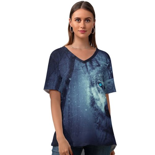 yanfind V Neck T-shirt for Women Black Dark Wolf Eyes Snowfall Winter Night Forest Summer Top  Short Sleeve Casual Loose