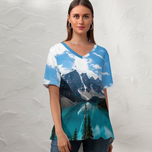 yanfind V Neck T-shirt for Women Moraine Lake Canada Alberta Valley Ten Peaks Banff National Park Glacier Mountains Summer Top  Short Sleeve Casual Loose