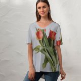 yanfind V Neck T-shirt for Women Arrangement Wallpapers Vase Plant Bouquet Blossom Flower Tulip Tulips Petal Free Summer Top  Short Sleeve Casual Loose