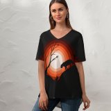 yanfind V Neck T-shirt for Women Suryapraveen Dark Minimal Jaguar Cat Sun Silhouette Summer Top  Short Sleeve Casual Loose