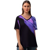 yanfind V Neck T-shirt for Women Abstract Galaxy S AMOLED Particles Purple Summer Top  Short Sleeve Casual Loose