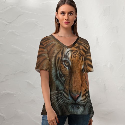 yanfind V Neck T-shirt for Women Bengal Tiger Closeup Big Cat Wild Summer Top  Short Sleeve Casual Loose