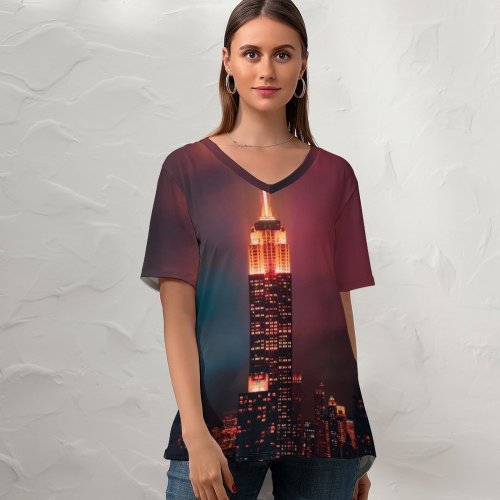 yanfind V Neck T-shirt for Women Luca Bravo Empire State Building Manhattan York City Skyscraper Night Cityscape City Summer Top  Short Sleeve Casual Loose