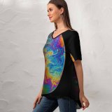 yanfind V Neck T-shirt for Women Daniel Olah Space Black Dark Planet Astronomy Outer Space Colorful Summer Top  Short Sleeve Casual Loose