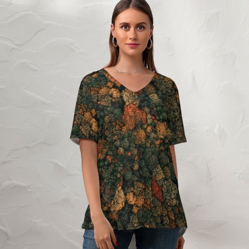 yanfind V Neck T-shirt for Women Clay Banks Autumn Trees Forest Aerial Birds Eye Trees Summer Top  Short Sleeve Casual Loose