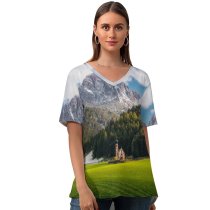 yanfind V Neck T-shirt for Women Daniel Seßler Church St Johann Villnoss Italy Alps Dolomites Mountain Range Snow Summer Top  Short Sleeve Casual Loose