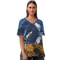 yanfind V Neck T-shirt for Women Sven Muller Meije Mountains Alps Landscape Summer Top  Short Sleeve Casual Loose
