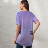 yanfind V Neck T-shirt for Women John McSporran Loch Rusky Scotland Boats Foggy Mirror Lake Reflection Purple Scenery Summer Top  Short Sleeve Casual Loose