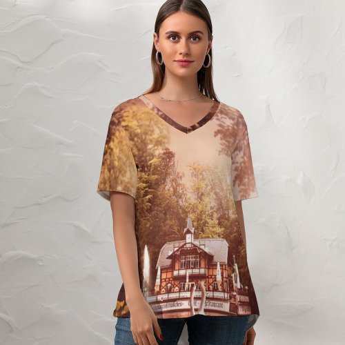 yanfind V Neck T-shirt for Women Comfreak Swan Forest Trees Sun Light Lake Summer Top  Short Sleeve Casual Loose