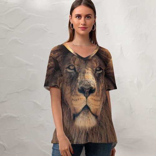 yanfind V Neck T-shirt for Women Lion Wild Lion Closeup Summer Top  Short Sleeve Casual Loose