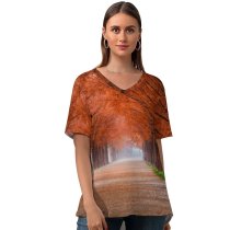 yanfind V Neck T-shirt for Women Autumn Trees Path Foggy Mist Morning Fall Summer Top  Short Sleeve Casual Loose