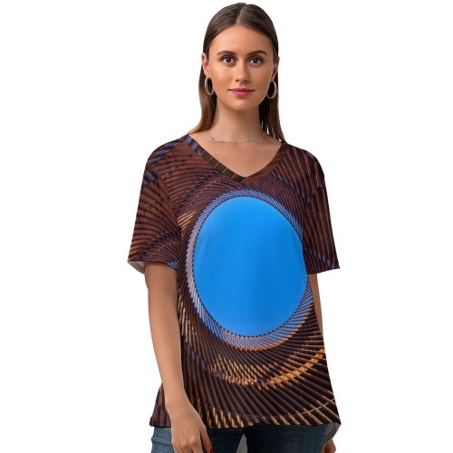 yanfind V Neck T-shirt for Women Skitterphoto Architecture Metal Design Circular Sky Spiral Indoor Symmetrical Summer Top  Short Sleeve Casual Loose