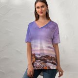 yanfind V Neck T-shirt for Women Bay Fires Tasmania Australia Sunrise Rocky Coast Seascape Ocean Clouds Purple Sky Summer Top  Short Sleeve Casual Loose