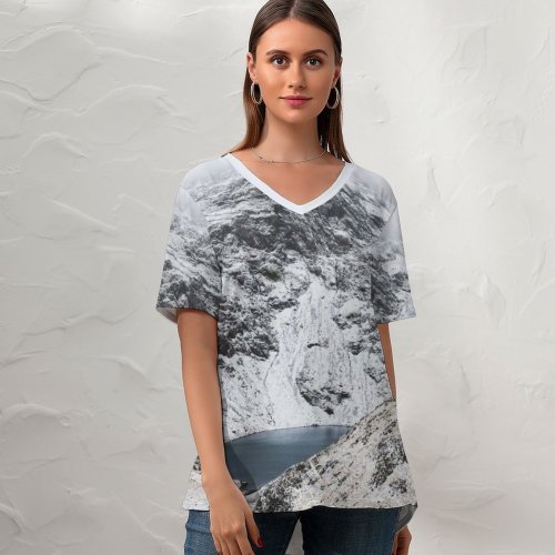 yanfind V Neck T-shirt for Women Cliff Glaslyn Fog Mist Alps Snow Wallpapers Lake Mountain Outdoors Rock Summer Top  Short Sleeve Casual Loose