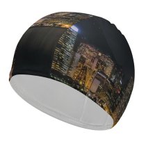 yanfind Swimming Cap Hong Kong City Cityscape Architecture Skyscrapers Nightlife Ferris Wheel Lights River Reflection Elastic,suitable for long and short hair