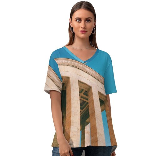 yanfind V Neck T-shirt for Women Freedom Building Columns Türkiye Public Sky Wallpapers Architecture Ankara Modern Anıtkabir Summer Top  Short Sleeve Casual Loose