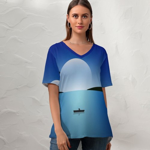 yanfind V Neck T-shirt for Women Moon Night Seascape Sailing Boat Minimal Summer Top  Short Sleeve Casual Loose