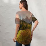 yanfind V Neck T-shirt for Women Luca Bravo Valley Funes Mountains Countryside Landscape High Mountains Summer Forest Trees Summer Top  Short Sleeve Casual Loose