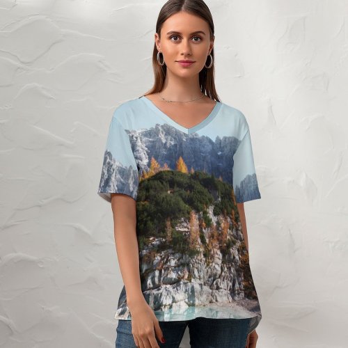 yanfind V Neck T-shirt for Women Luca Bravo Sorapiss Mountains Dolomites Rocks Trees Italy Summer Top  Short Sleeve Casual Loose