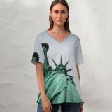 yanfind V Neck T-shirt for Women Clock Building Nyc Lady Wallpapers Architecture Free York Monument Art Pictures Summer Top  Short Sleeve Casual Loose