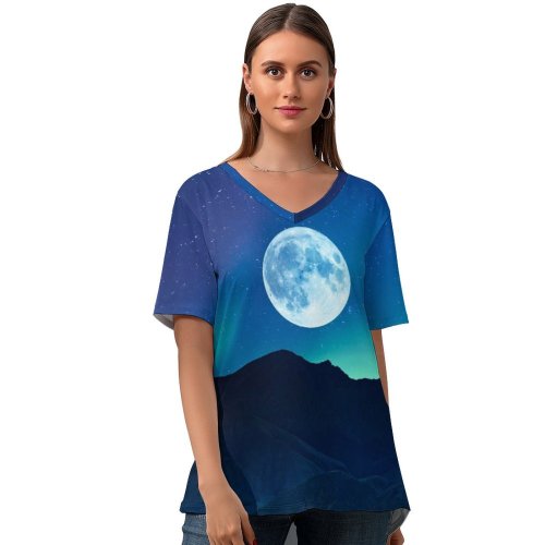 yanfind V Neck T-shirt for Women Kien Virak Moon Aurora Borealis Night Time Mountain Silhouette Landscape Starry Sky Summer Top  Short Sleeve Casual Loose