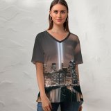 yanfind V Neck T-shirt for Women Lerone Pieters Brooklyn Cityscape Night City Lights York City USA Summer Top  Short Sleeve Casual Loose