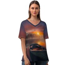 yanfind V Neck T-shirt for Women Hmetosche Sunset Boat Lake Reflections Dawn Mountains Fog Trees Summer Top  Short Sleeve Casual Loose