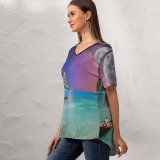 yanfind V Neck T-shirt for Women Jessica Wright Holidays Moon Starry Sky Tour Seascape Boating Collage Couple Honeymoon Summer Top  Short Sleeve Casual Loose